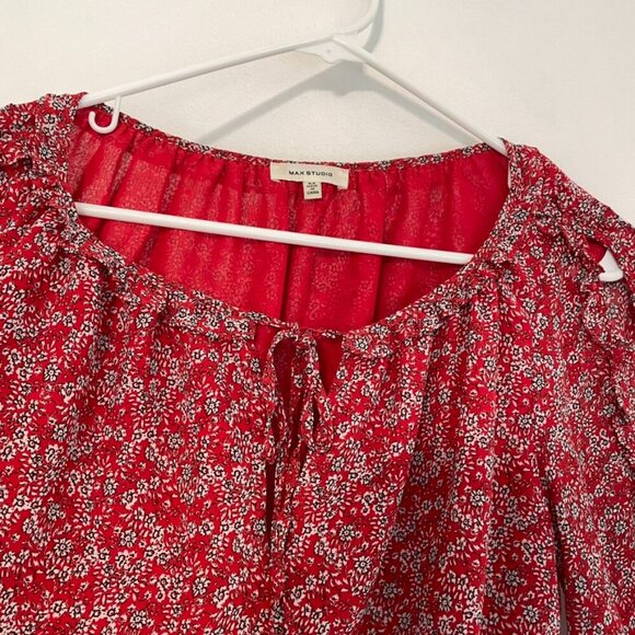 MAX STUDIO Georgette Elbow Sleeve Cold Shoulder Blouse Red White Floral Boho Top - Picture 10 of 16